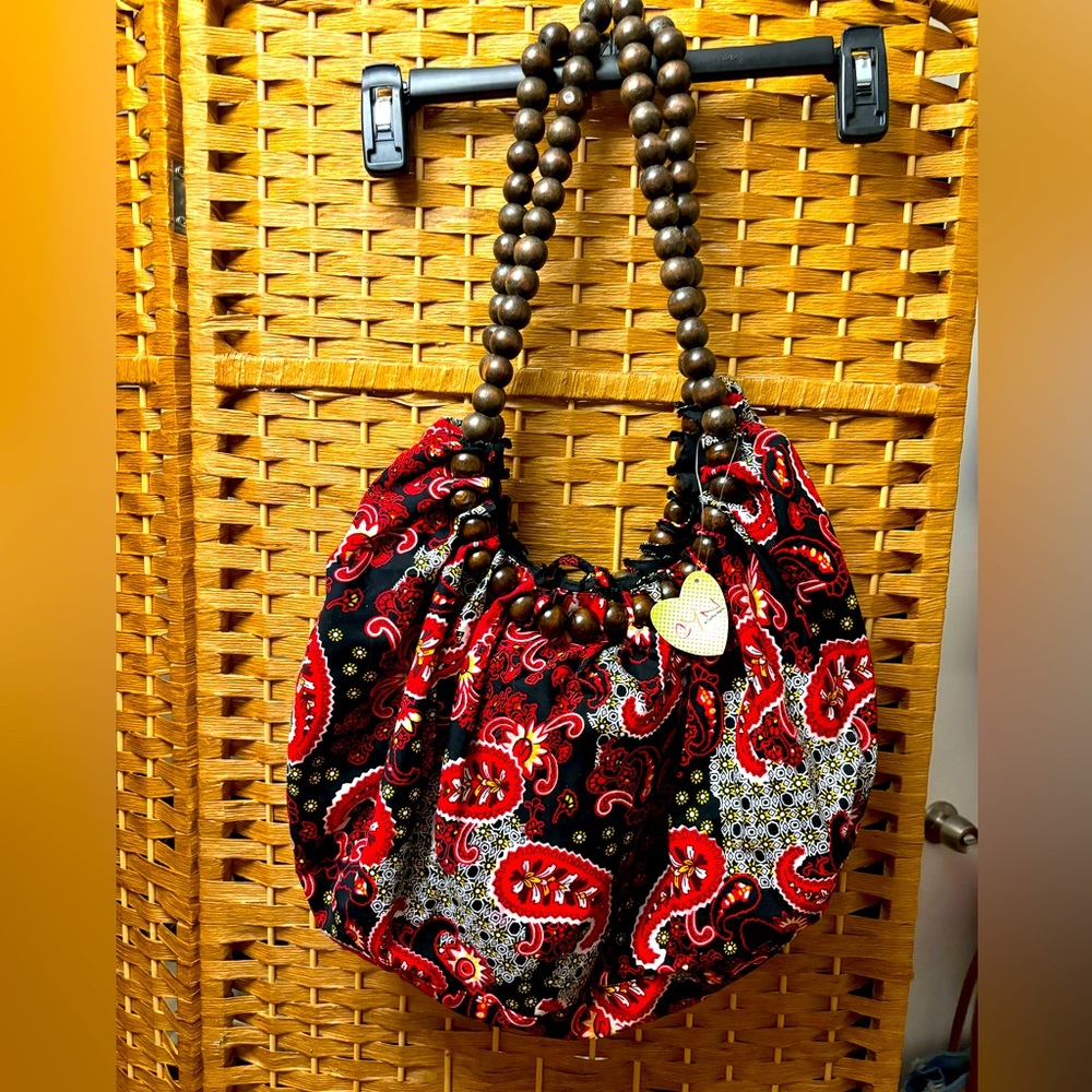 Handmade Hobo Paisley Bandana Wood Bead Handle Boho Purse Tote Shoulder Hand Bag